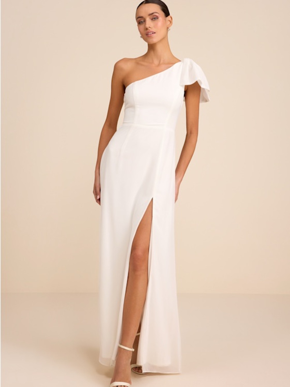 Lulu's Ivory One-Shoulder Gown with Dramatic Side Slit